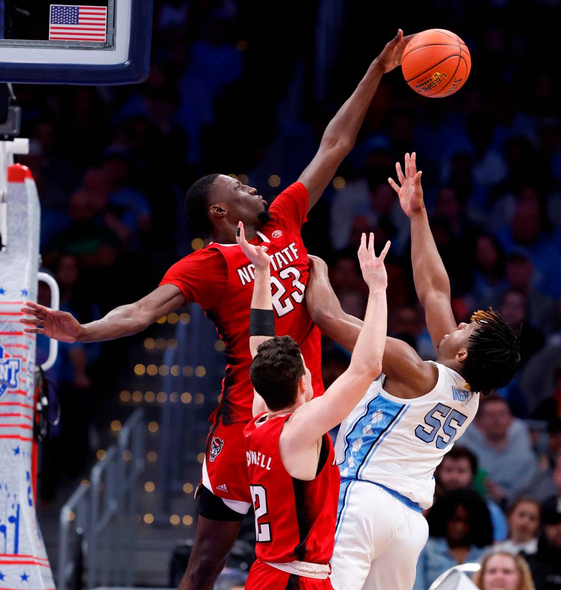 N.C. State’s Mohamed Diarra (23) blocks the shot by North Carolina’s Harrison Ingram (55) during the second half N.C. State’s 84-76 victory over UNC in the championship game of the 2024 ACC Men’s Basketball Tournament at Capital One Arena in Washington, D.C., Saturday, March 16, 2024.