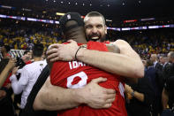 OAKLAND, CALIFORNIA - JUNE 13: Serge Ibaka #9 and Marc Gasol #33 of the Toronto Raptors celebrates their teams victory over the Golden State Warriors in Game Six to win the 2019 NBA Finals at ORACLE Arena on June 13, 2019 in Oakland, California. NOTE TO USER: User expressly acknowledges and agrees that, by downloading and or using this photograph, User is consenting to the terms and conditions of the Getty Images License Agreement. (Photo by Ezra Shaw/Getty Images)