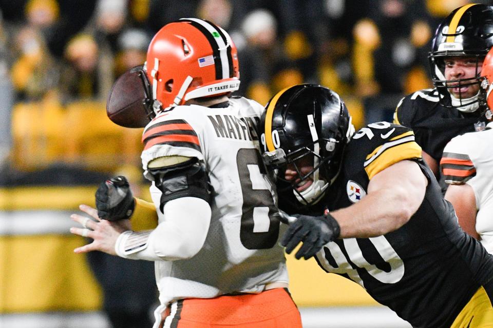 Pittsburgh Steelers outside linebacker T.J. Watt (90) sacks Cleveland Browns quarterback Baker Mayfield (6) in the second half of an NFL football game, Monday, Jan. 3, 2022, in Pittsburgh. (AP Photo/Don Wright)