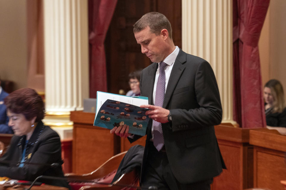 State Senate President Pro Tempore Designate Mike McGuire, of Healdsburg, looks over some notes during the Senate session at the Capitol in Sacramento, Calif., Thursday, Jan. 25, 2024. McGuire will replace current Senate Pro Tempore Toni Atkins when he is sworn-in Monday Feb. 5, 2024.(AP Photo/Rich Pedroncelli)