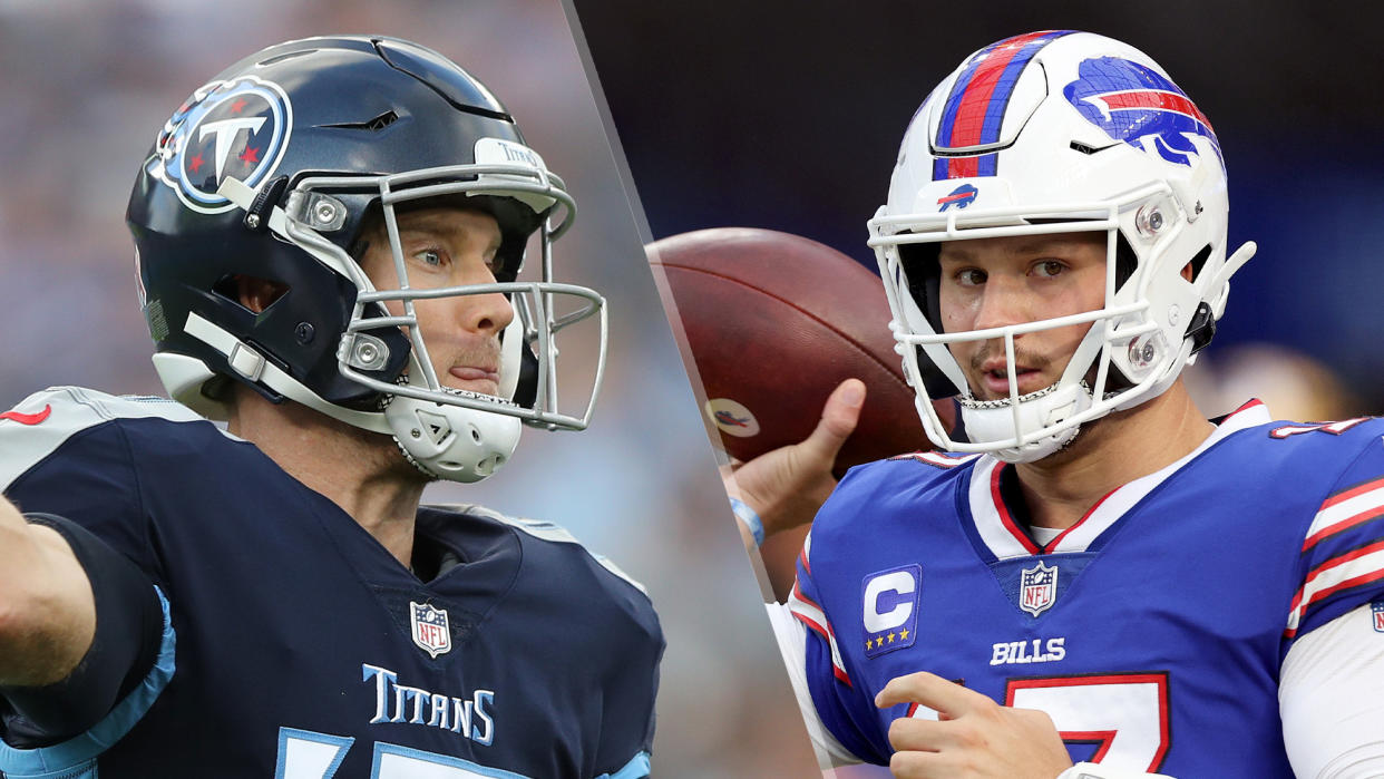  (L to R) Quarterback Ryan Tannehill #17 of the Tennessee Titans and Josh Allen #17 of the Buffalo Bills will face off in the Titans vs Bills live stream 