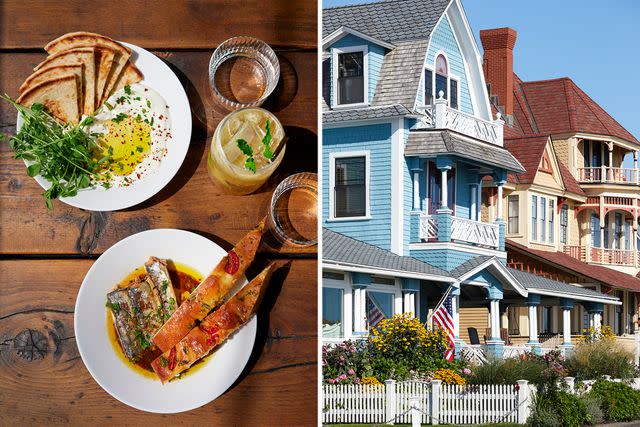 <p>Elizabeth Cecil</p> From left: Labneh with pea shoots, Moroccan sardines, and lavender lemonade at Aalia's; Victorian gingerbread houses in Oak Bluffs.