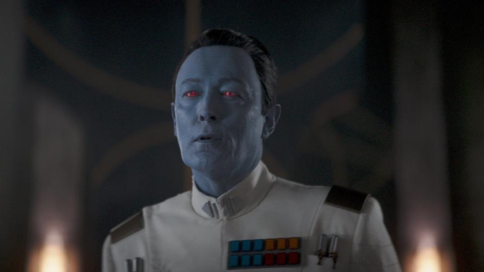Lars Mikkelsen as the blue-skinned Grand Admiral Thrawn in the Ahsoka trailer