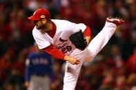 ST LOUIS, MO - OCTOBER 19: Chris Carpenter #29 of the St. Louis Cardinals pitches during Game One of the MLB World Series against the Texas Rangers at Busch Stadium on October 19, 2011 in St Louis, Missouri. (Photo by Dilip Vishwanat/Getty Images)