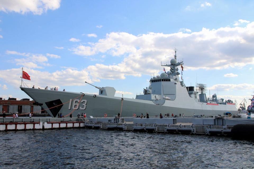 Chinese navy destroyer Jiaozuo in St Petersburg, Russia to participate in the Navy parade in July 2024.