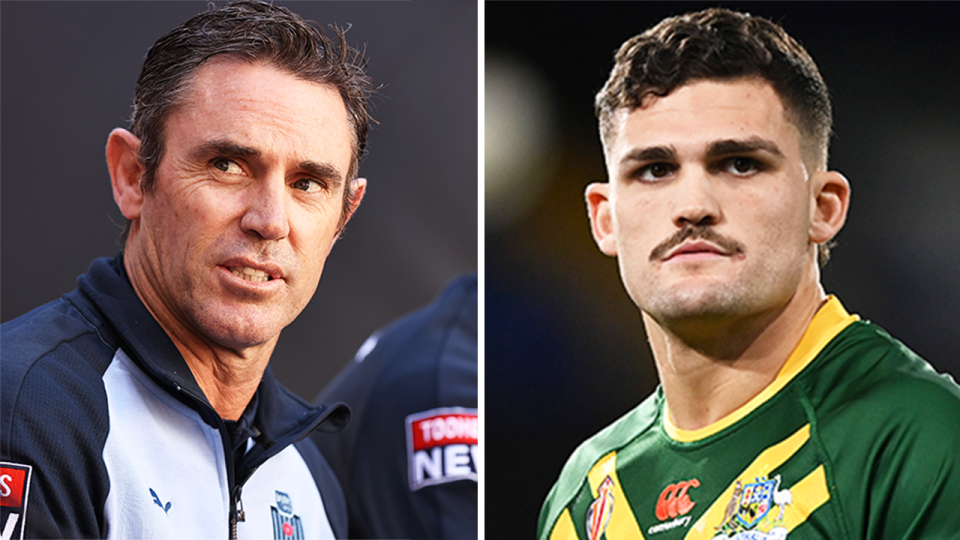 NSW coach Brad Fittler (pictured left) during a media conference and (pictured right) Nathan Cleary during a game.