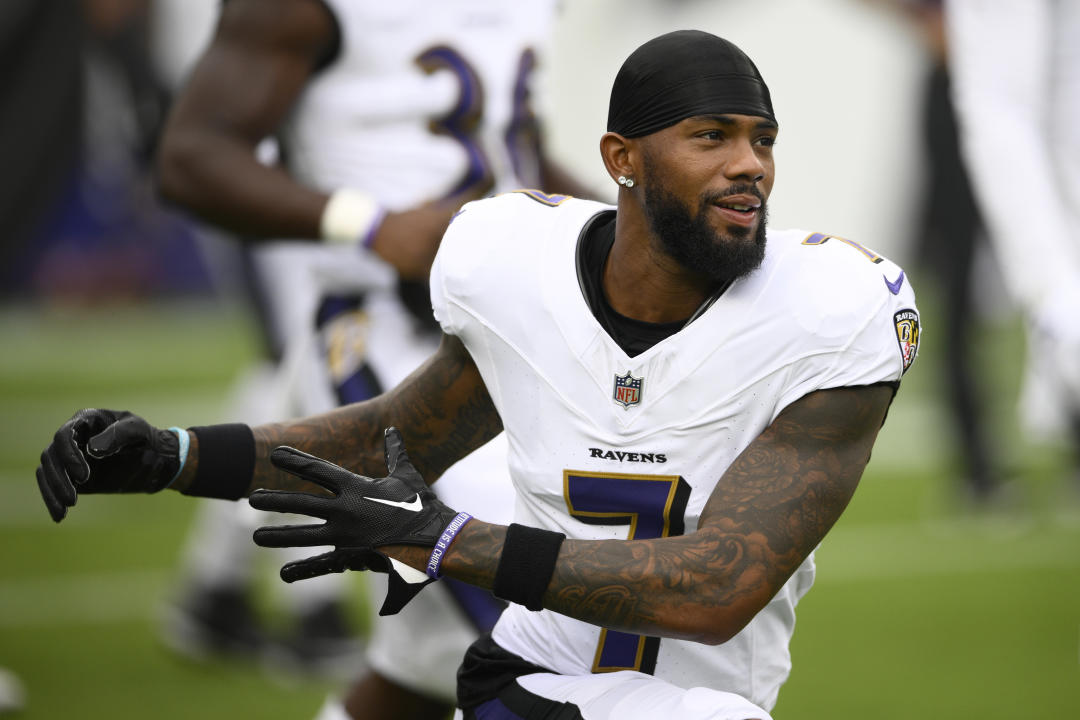 Baltimore Ravens wide receiver Rashod Bateman (7) practices before an NFL preseason game against the Atlanta Falcons, Saturday, Aug. 17, 2024, in Baltimore. (AP Photo/Nick Wass)