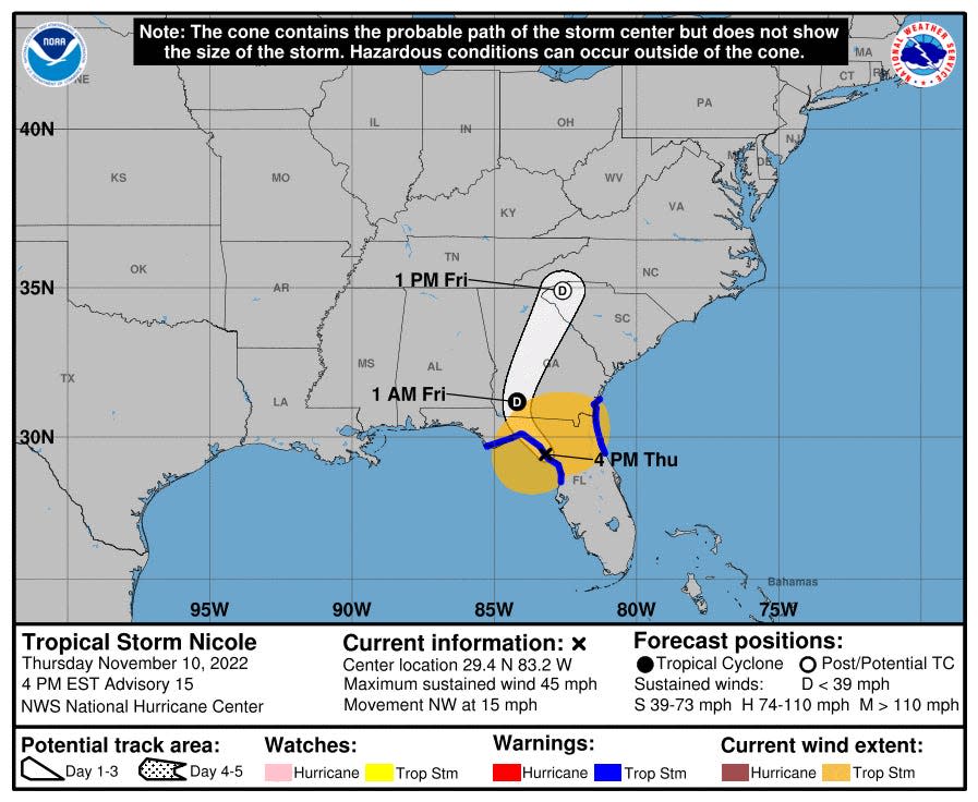 cone of probability tropical storm nicole 4pm et nov 10 2022