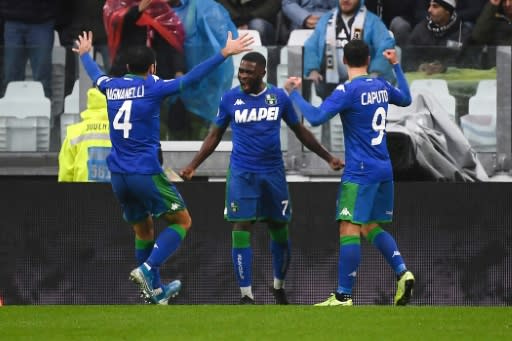 Ivorian forward Jeremie Boga (C) celebrates scoring Sassuolo's opening goal in a battling 2-2 draw against Juventus