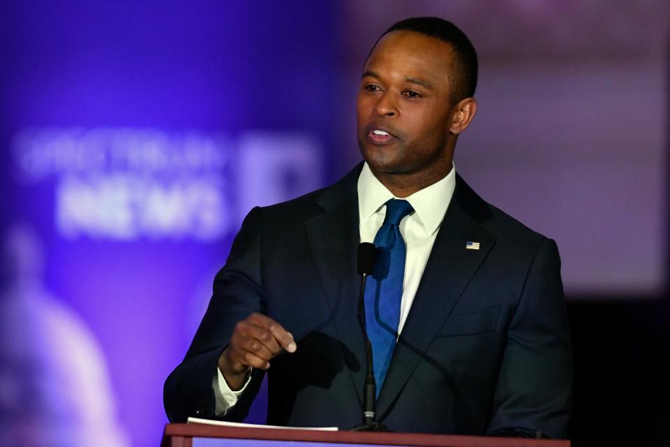 Kentucky Attorney General Daniel Cameron responds to a question from the moderator during the Kentucky Gubernatorial GOP Primary Debate in Louisville, Ky., Tuesday, March 7, 2023. (AP Photo/Timothy D. Easley, Pool)