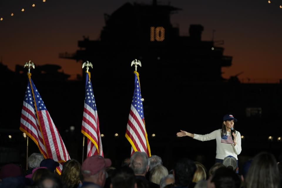 Republican presidential candidate and former UN Ambassador Nikki Haley delivers a speech in Mt. Pleasant, South Carolina, on Feb. 23, 2024, the night before the state’s GOP primary.