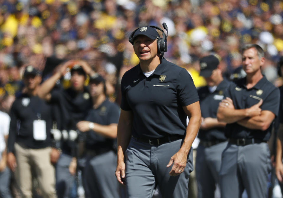 Army coach Jeff Monken watches during the first half of the team's NCAA college football game against Michigan in Ann Arbor, Mich. (AP)