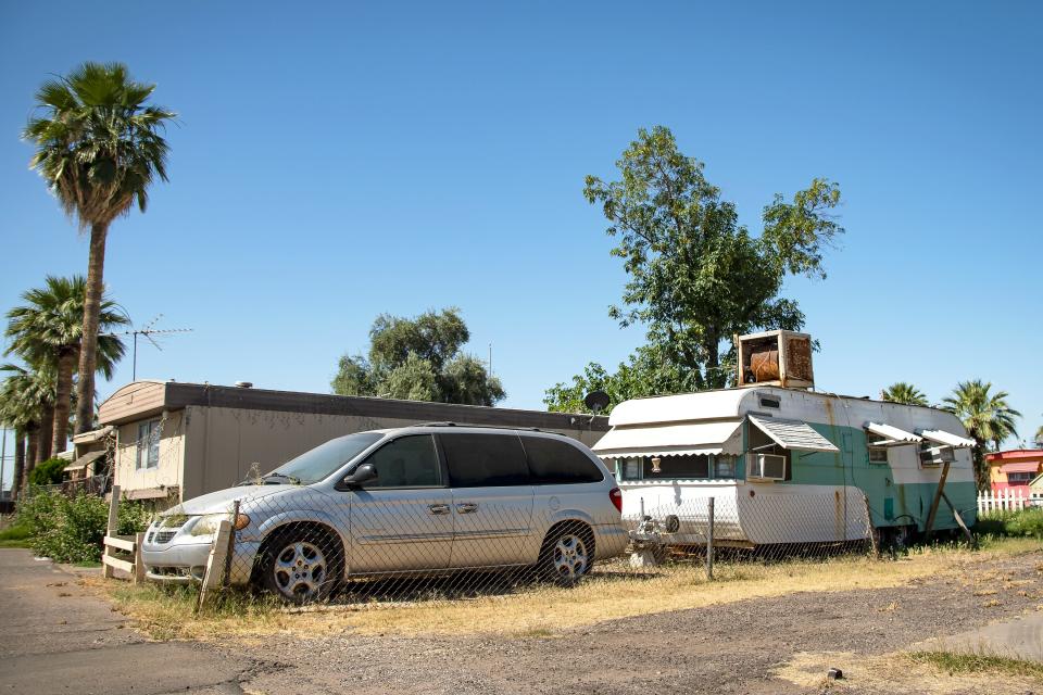 A view of one resident's mobile home located at the Periwinkle Mobile Home Park in Phoenix on May 19, 2022. Some residents said their homes were too old to move to a new location.