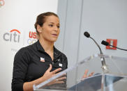 NEW YORK, NY - JULY 27: Olympic silver medalist Alicia Sacramone speaks to Citi employees at the Citi Team USA Flag-raising event at the financial center at Citi's Headquarters on July 27, 2011 in New York City. (Photo by Mike Coppola/Getty Images for Citi)