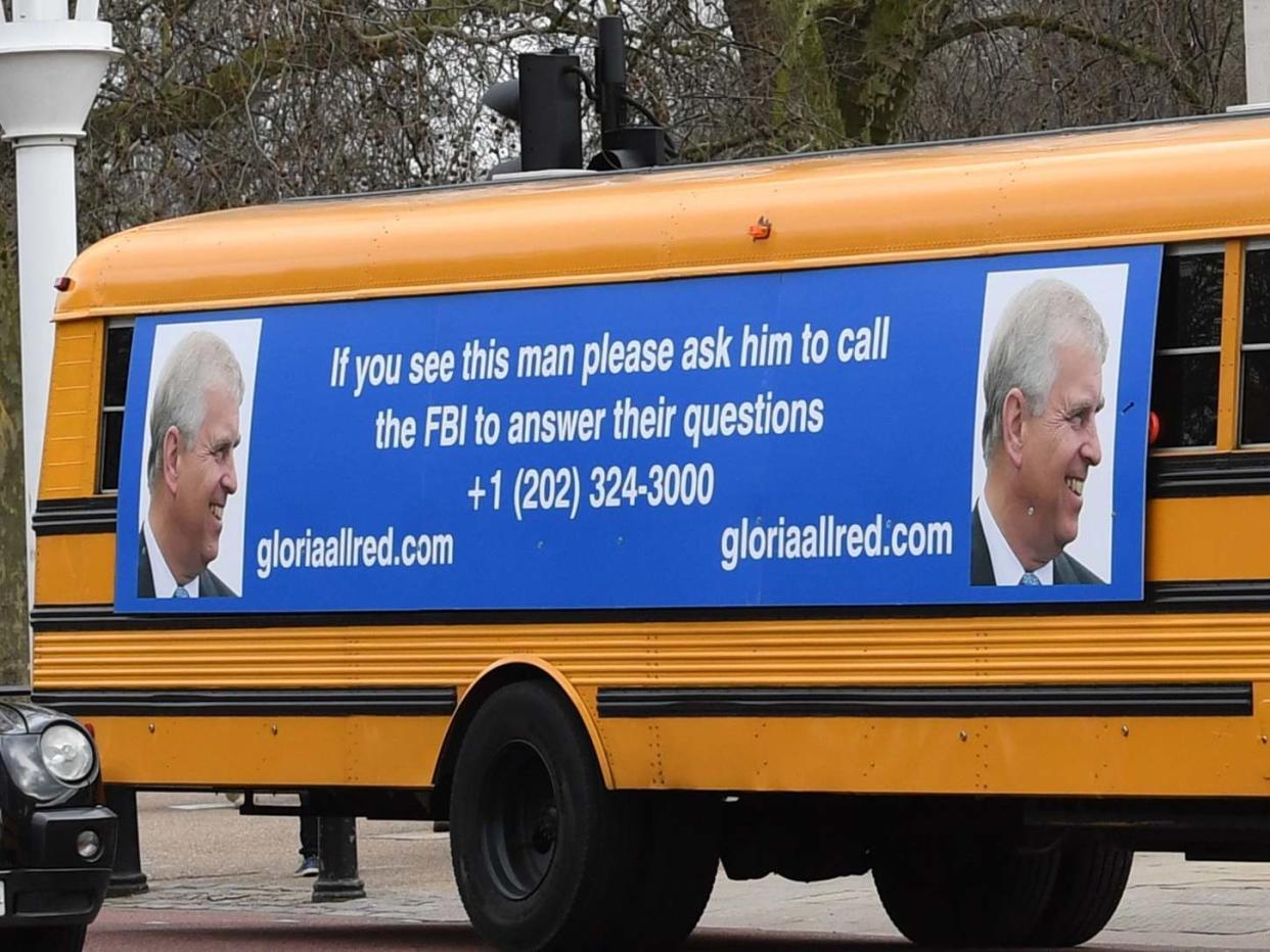 A yellow school bus with a post-birthday message for the Duke of York, from US lawyer Gloria Allred: PA