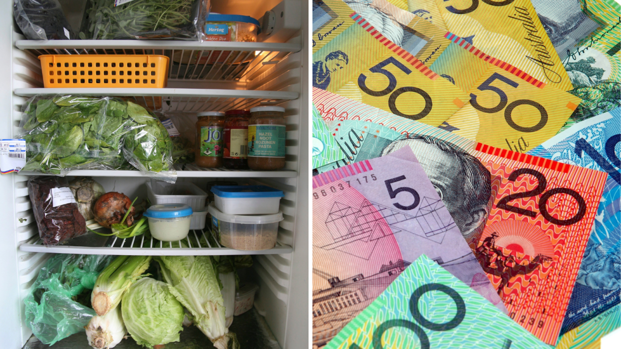 A composite image of a fridge full with a grocery shop and Australian money.