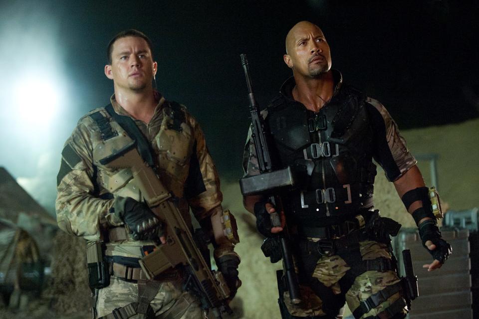This film image released by Paramount Pictures shows Channing Tatum, left, and Dwayne Johnson in a scene from "G.I. Joe: Retaliation," the 2013 sequel to 2009's "G.I. Joe: The Rise of Cobra."