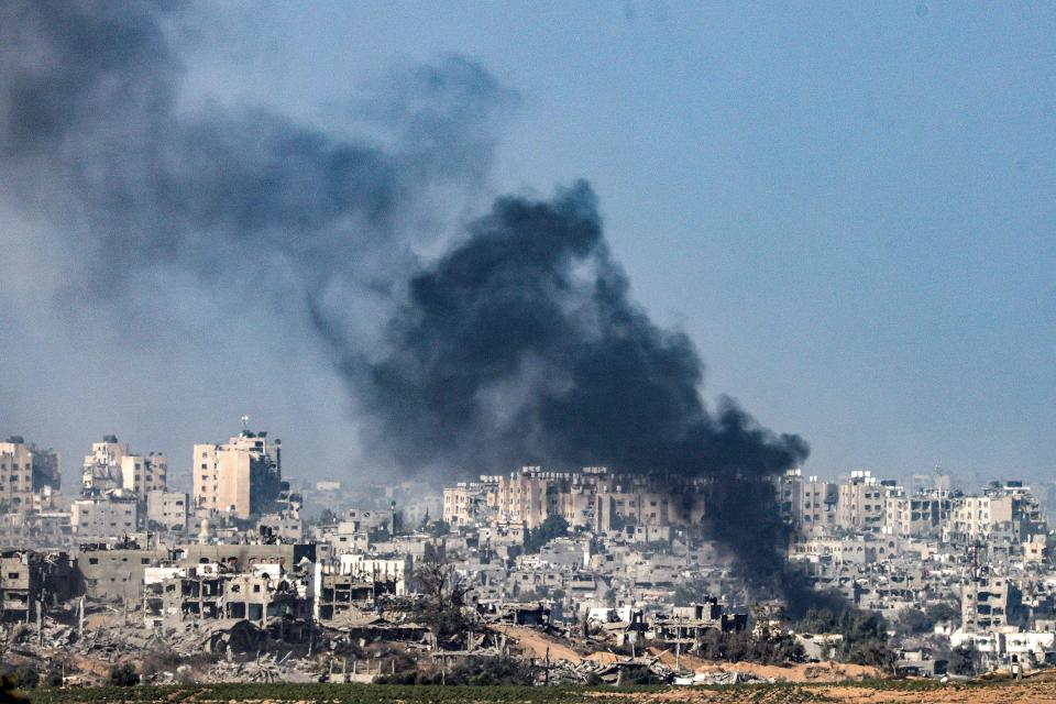 Smoke plumes billow during Israeli bombardment near a position along the border with the Gaza Strip in southern Israel on Nov. 8, 2023, amid ongoing battles between Israel and the Palestinian Hamas movement.