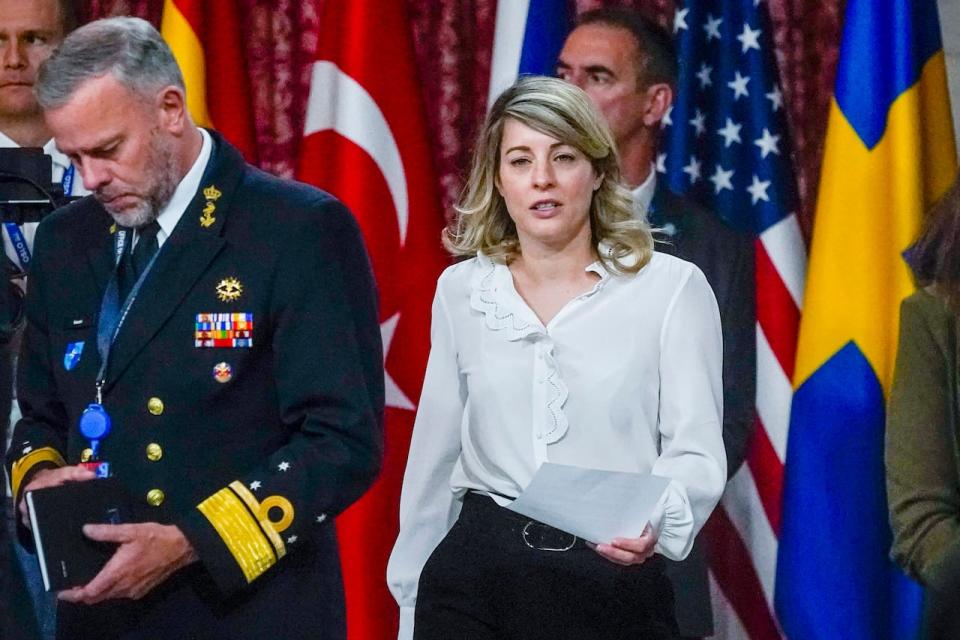Chairman of NATO's military committee Admiral Rob Bauer, left, and Foreign Minister Mélanie Joly attend a meeting of NATO's foreign ministers in Oslo on June 1, 2023.