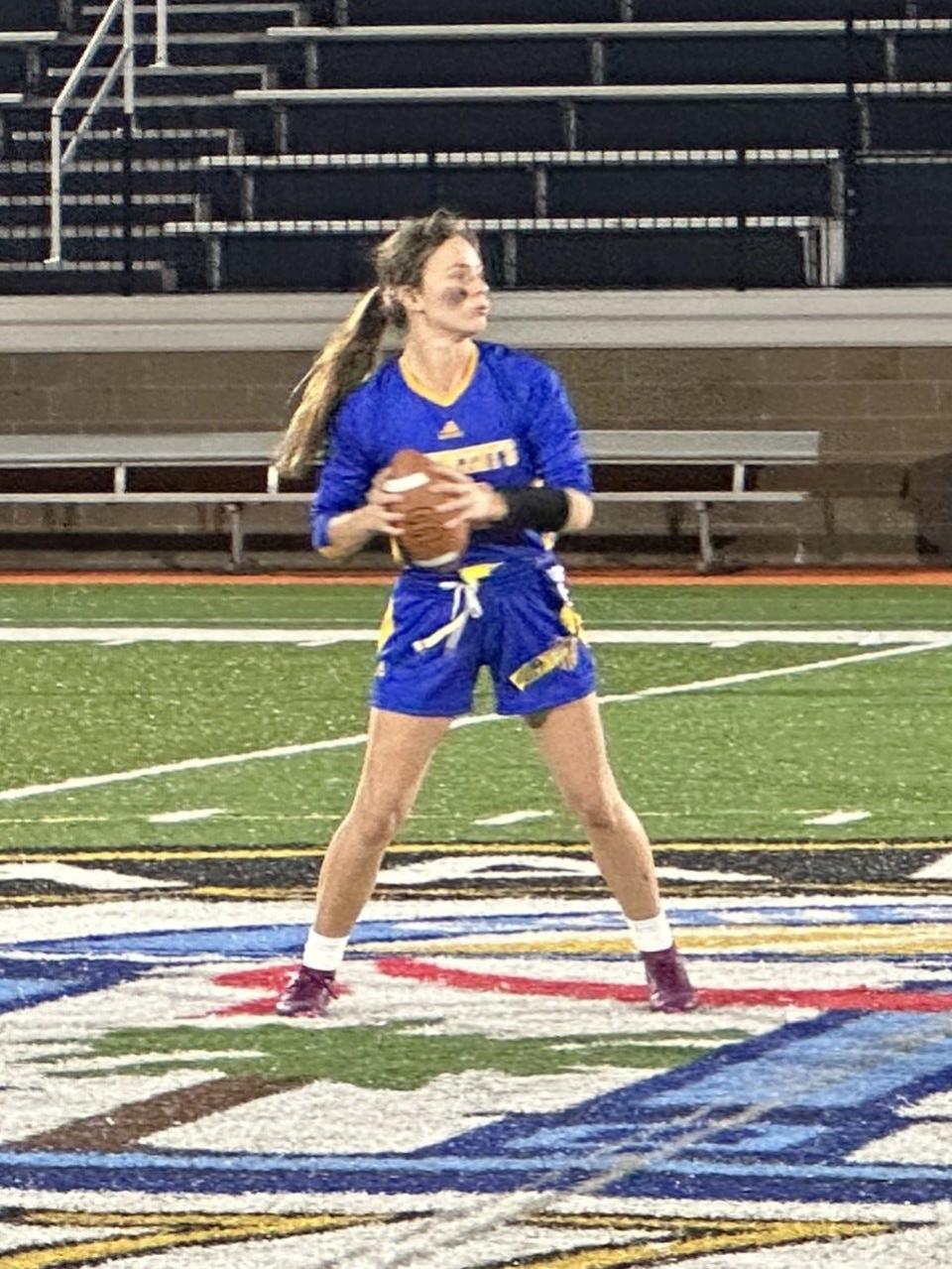 Hayden Aliotta of St. Vincent's looks downfield to throw in a win over Beach.