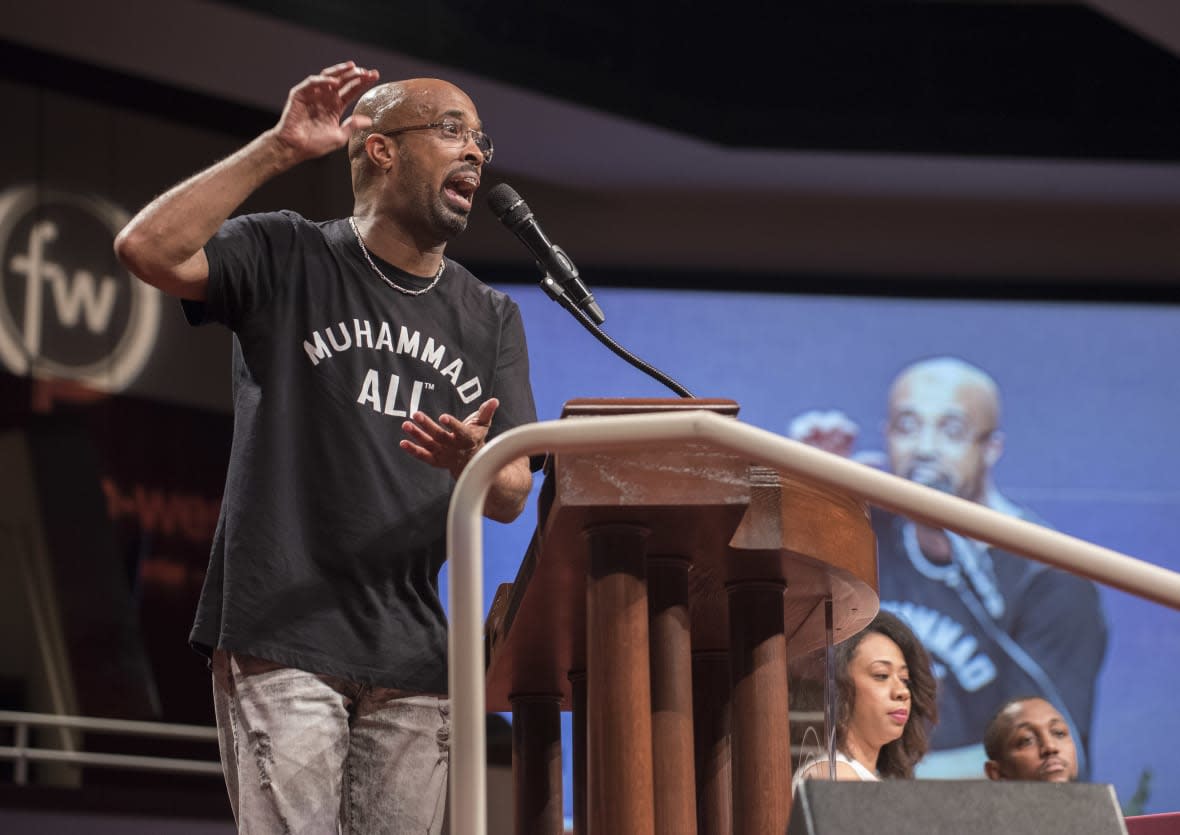 FILE – Dr. Frederick Douglass Haynes III, senior pastor of Friendship-West Baptist Church, speaks during a conversation about race and policing in Dallas at the church on Sunday, July 10, 2016. Haynes, “a long-time student of Rev. Jackson and supporter” of the Rainbow PUSH Coalition, will take over as the group’s leader, following the announcement that Rev. Jesse Jackson was stepping down, the coalition said in a statement. (Rex C. Curry/The Dallas Morning News via AP, File)