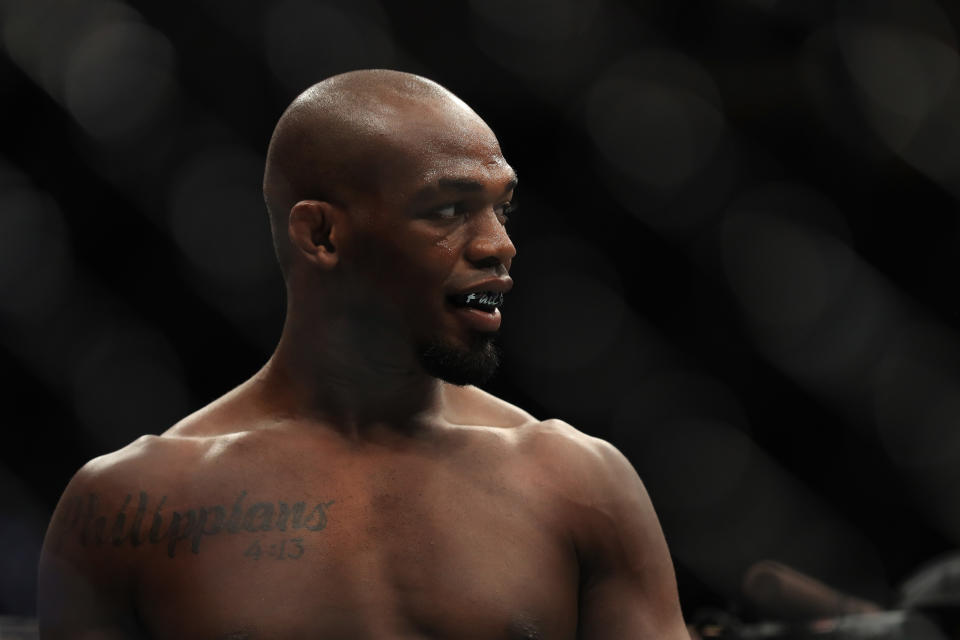 Jon Jones stands in the Octagon prior to his UFC light heavyweight championship bout against Daniel Cormier during UFC 214 at Honda Center on July 29, 2017 in Anaheim, California. (Getty Images)