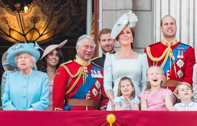 Meghan Markle and Prince Harry (second and fourth from left) attend Trooping the Colour on June 9, 2018