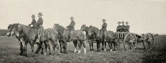 A typical Rhode Island Light Artillery piece in 1863. The limber is the two-wheeled cart supporting the trail of the cannon. The caisson is the second cart designed to carry ammunition, normally the resupply for the ammo box on the limber. From this image, one can see how the logistics of getting six of these from Providence to Bonnet would be complex. Moving them around on a battlefield was another story.