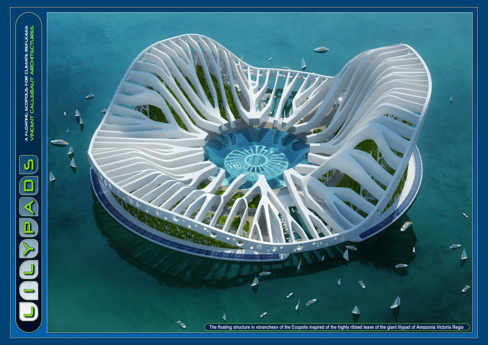 New biotechnological prototype of ecologic resilience dedicated to the nomadism and the urban ecology in the sea, Lilypad travels on the water line of the oceans, from the equator to the poles following the marine streams warm ascending of the Gulf Stream or cold descending of the Labrador.