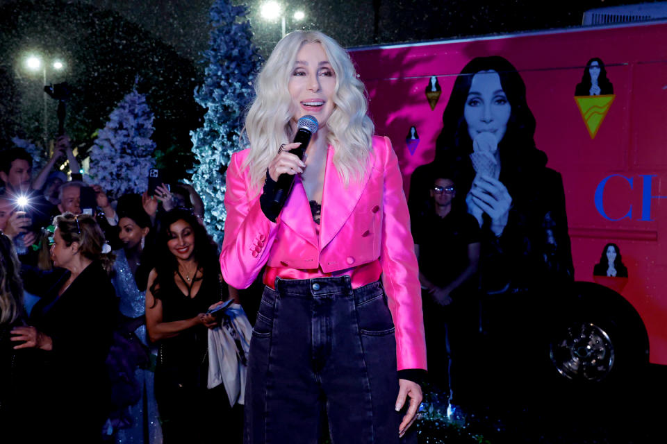 SANTA MONICA, CALIFORNIA - OCTOBER 24: Cher attends Cher's Gelato Truck "Cherlato" Hosts Christmas Came Early Event coinciding with the release of Cher's Holiday Album "Christmas" at The Bungalow on October 24, 2023 in Santa Monica, California. (Photo by Frazer Harrison/Getty Images for ABA)