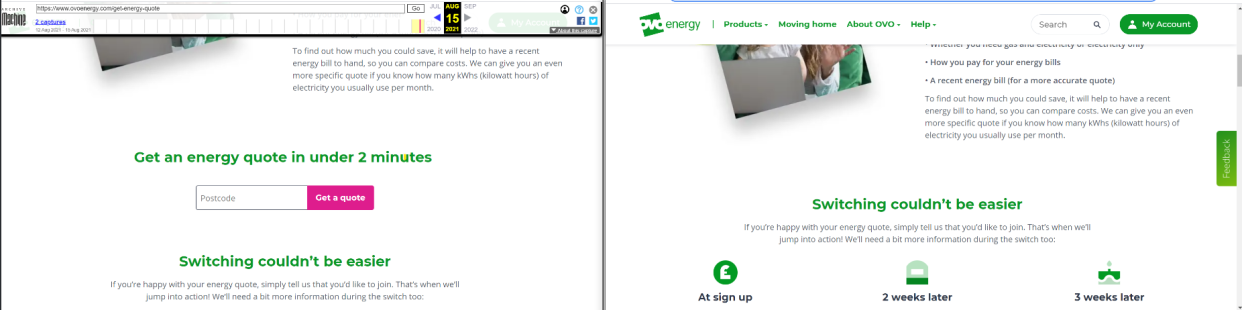 Ovo Energy’s ‘get a quote’ button was on its website in August, left, but has since been removed, right (Screenshot from Internet Archive)