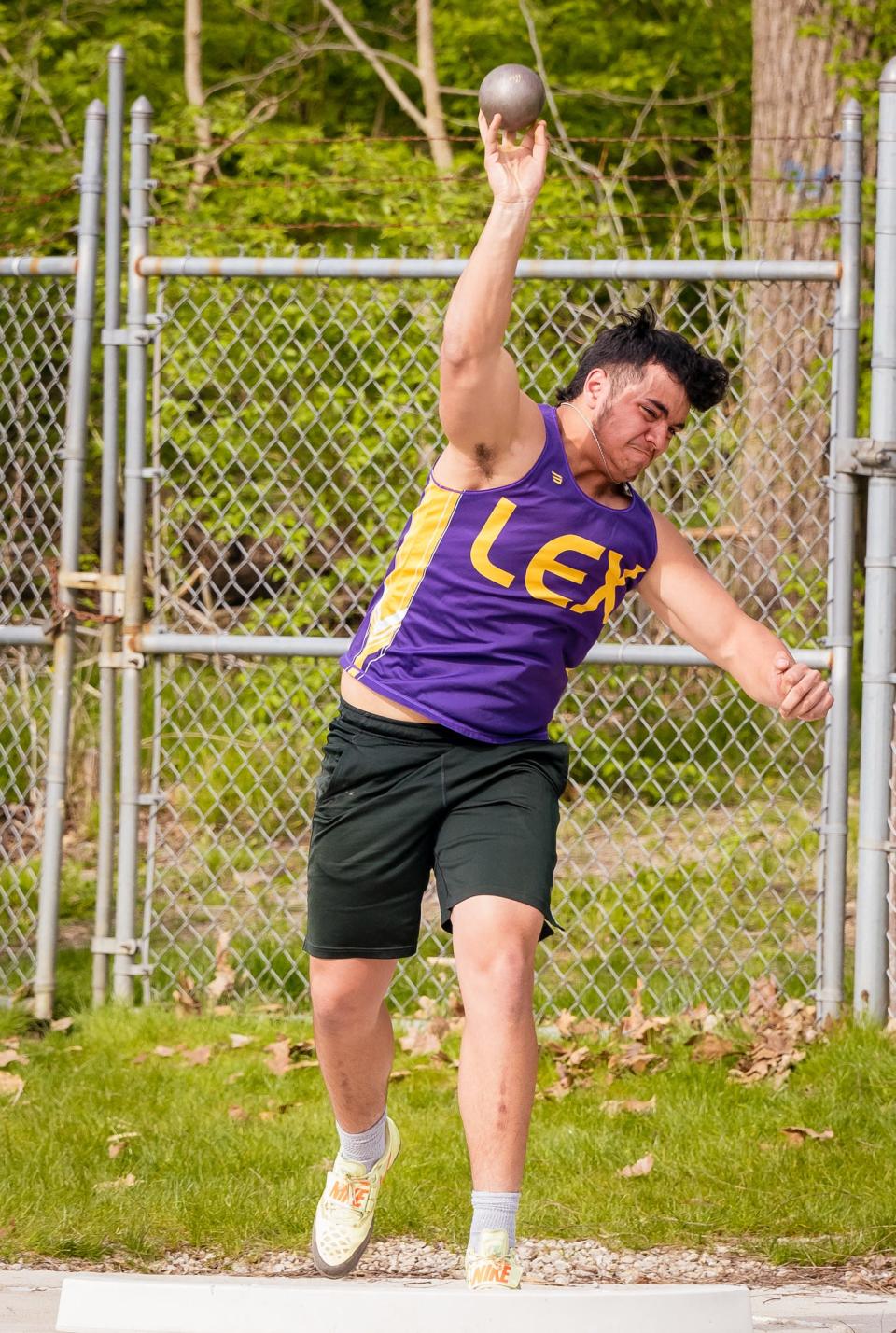 Lexington's Leyton Nossa competed in the shot put at the Marion Harding Night Track Invite.