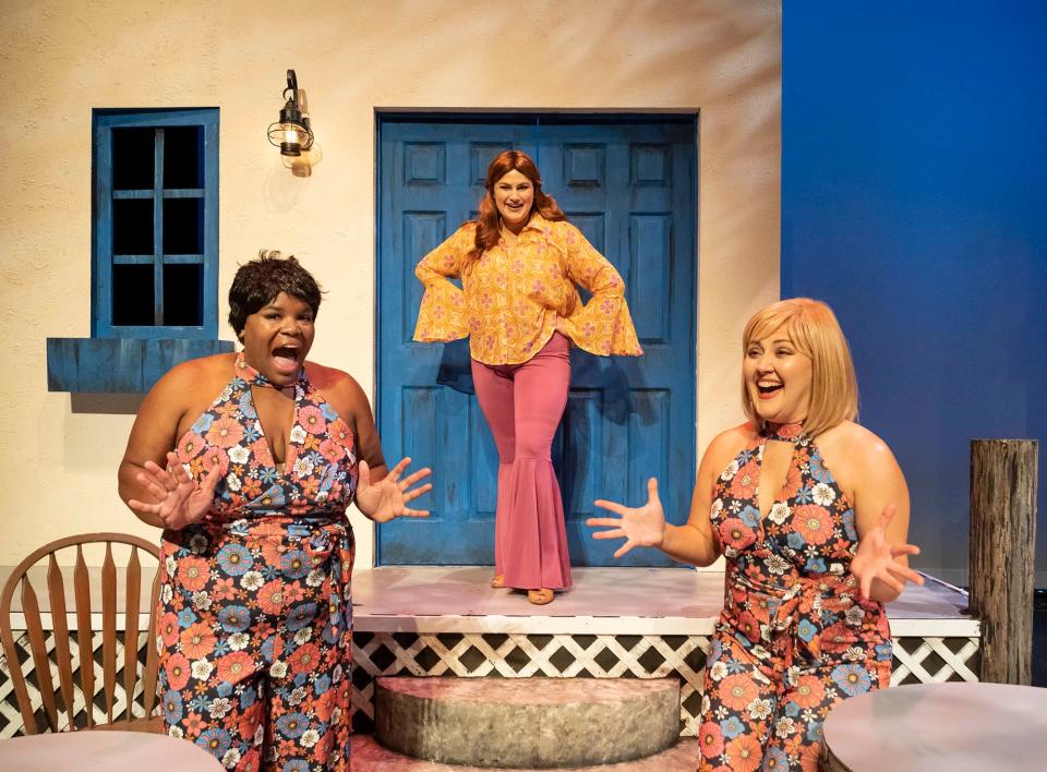 From left: Brandy M. Johnson, Jamie Shannon Ferguson Ertle, and Lindsey Jones, in Theatre Tuscaloosa's production of "Mamma Mia!," running Friday through July 24 in the Bean-Brown Theatre. [Photo by Porfirio Solórzano]