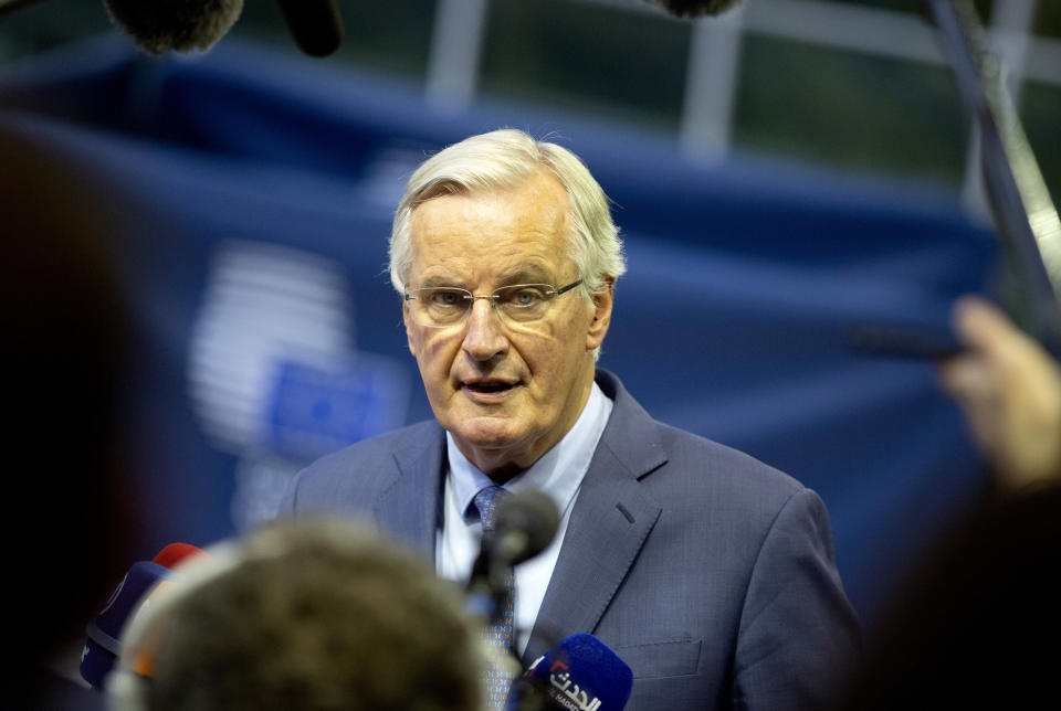 European Union chief Brexit negotiator Michel Barnier speaks with the media as he arrives for a meeting of EU General Affairs ministers, Article 50, at the European Convention Center in Luxembourg, Tuesday, Oct. 15, 2019. European Union chief Brexit negotiator Michel Barnier is in Luxembourg on Tuesday to brief ministers on the state of play for Brexit. (AP Photo/Virginia Mayo)