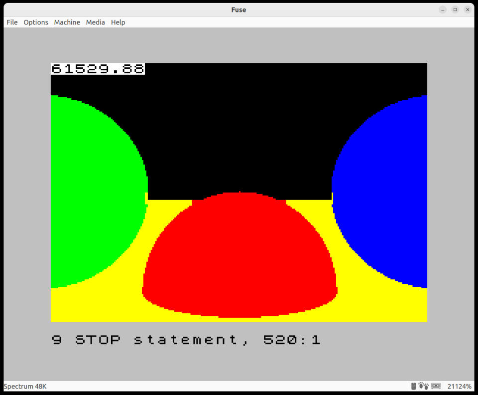 A ray-traced image on the ZX Spectrum showing attribute conflicts.