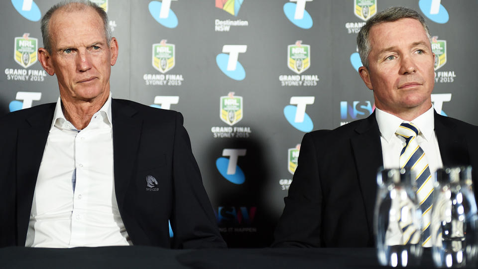 Wayne Bennett and Paul Green, pictured here during the NRL grand final press conference in 2015.