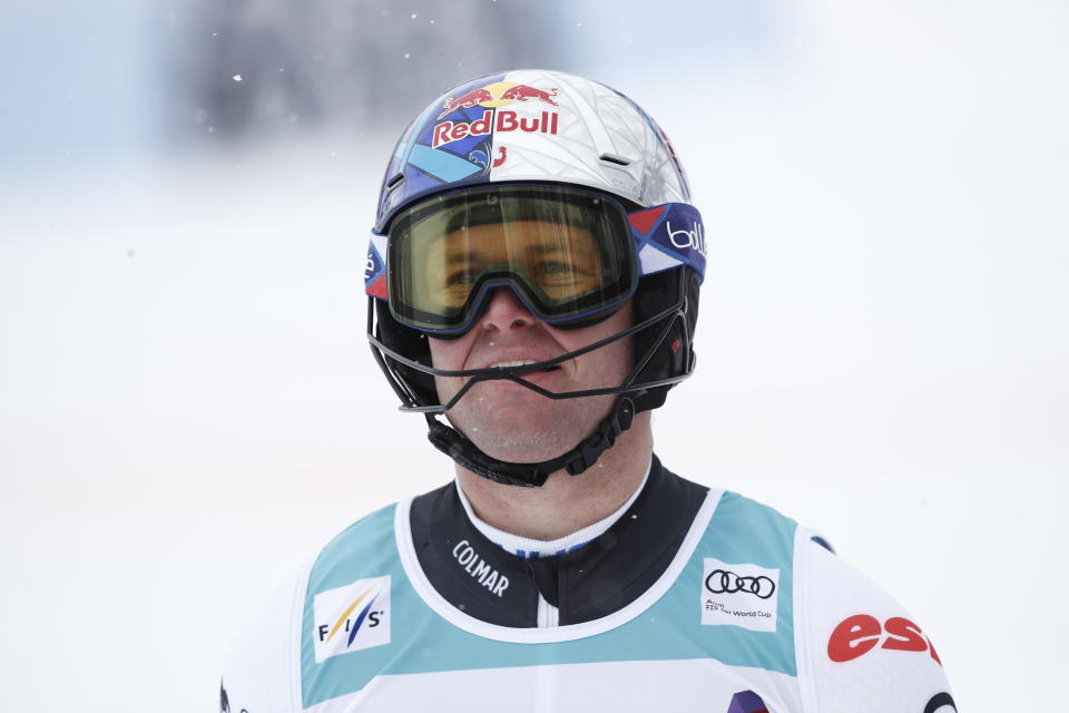 France's Alexis Pinturault gets to the finish rea after completing an alpine ski, men's World Cup slalom, in Lenzerheide, Switzerland, Sunday, March 21, 2021. (AP Photo/Gabriele Facciotti)