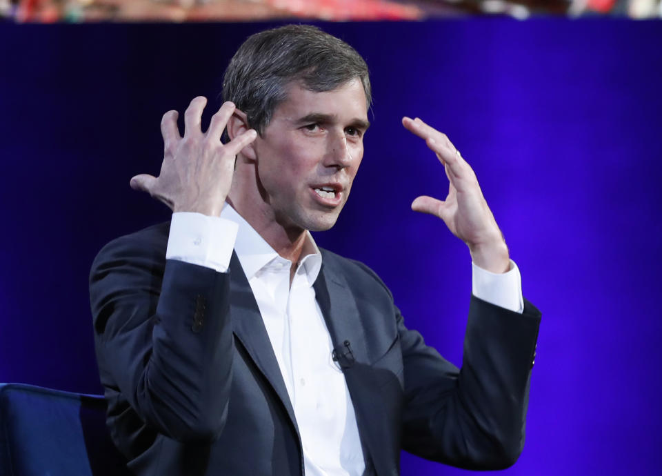 In this Feb. 5, 2019, photo, former Democratic Texas congressman Beto O'Rourke gestures as he describes how nervous he was meeting with former President Barack Obama during an interview with Oprah Winfrey live on a Times Square stage at "SuperSoul Conversations," in New York. O'Rourke formally announced Thursday that he'll seek the 2020 Democratic presidential nomination, ending months of intense speculation over whether he'd try to translate his newfound political celebrity into a White House bid. (AP Photo/Kathy Willens)