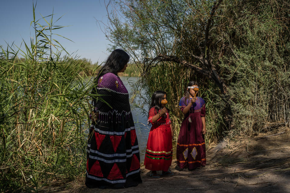 Image: Luc?a Laguna with two of her students who learn the traditions and songs of the Cucap? people, in Baja California, Mexico, April 2021. (Alejandro Cegarra)