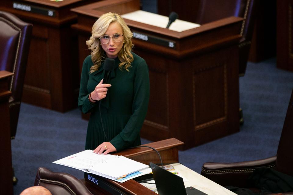 Sen. Lauren Book speaks in opposition of SB 300 during debate in the Florida Senate on Monday, April 3, 2023. The proposed bill would place a ban on abortions after six-weeks.