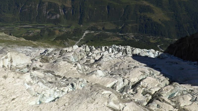 In this still image taken from video a segment of the Planpincieux glacier is seen on the Italian side of the Mont Blanc in Aosta