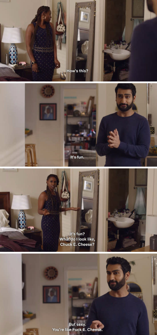 Kumail Nanjiani making a joke about Issa Rae's "fun" dress, saying: "It's fun, but sexy -- like Fuck E. Cheese"