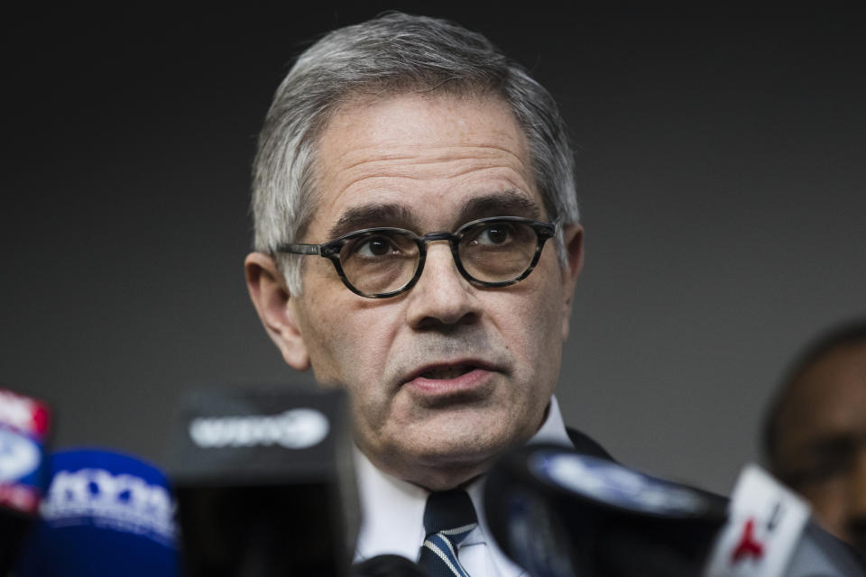 FILE - In this March 6, 2019 file photo Philadelphia District Attorney Larry Krasner speaks during a news conference in Philadelphia. Philadelphia is poised to revisit one of its most contentious murders as prison activist Mumia Abu-Jamal fights for another day in court in a 1981 police slaying. Police widow Maureen Faulkner fears she will never find closure in the criminal justice system after nearly 40 years. She filed a petition Thursday, Sept. 19, 2019, to get Krasner’s office recused from the case after Krasner failed to oppose Abu-Jamal’s bid for a new court hearing. (AP Photo/Matt Rourke, File)