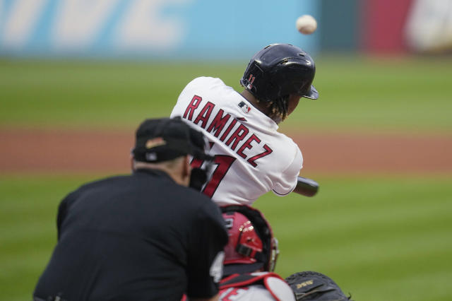 Cleveland, United States. 26th June, 2022. CLEVELAND, OH - JUNE 26:  Cleveland Guardians third baseman Jose Ramirez (11) singles to center field  in the third inning against the Boston Red Sox at