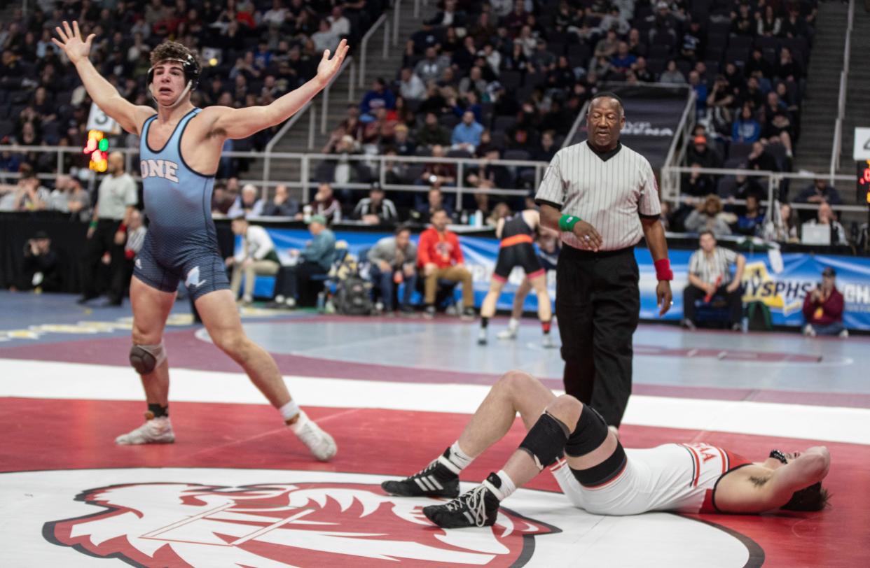 Leo Venables of Carmel celebrates after defeating Gage Laplante of St. Francis in a 170-pound semifinal match during the NYSPHSAA Wrestling Championships at the MVP Arena in Albany Feb. 24, 2024.