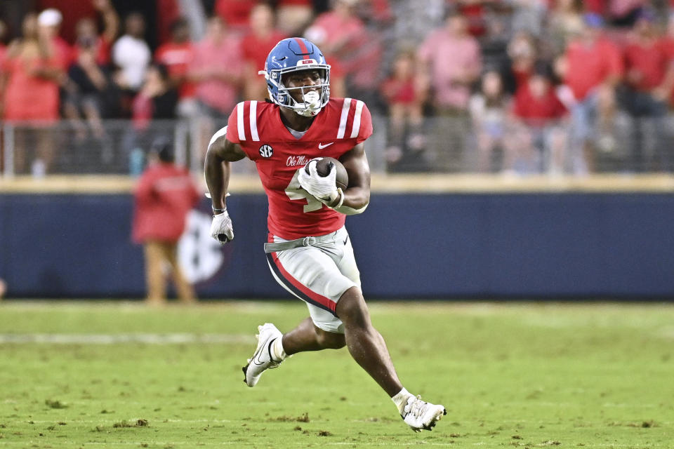 Sept. 10, 2022; Oxford, Mississippi; Ole Miss Rebels running back Quinshon Judkins (4) runs the ball against the Central Arkansas Bears during the second quarter at Vaught-Hemingway Stadium. Matt Bush-USA TODAY Sports