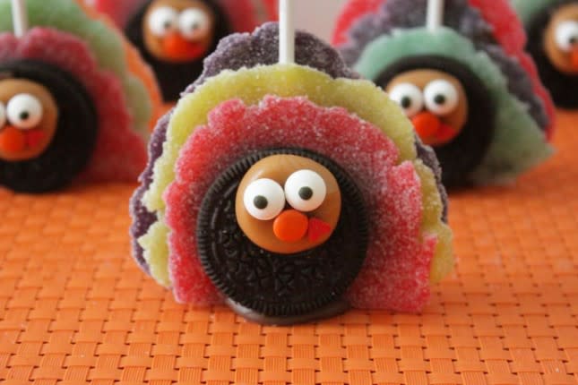 <div class="caption-credit"> Photo by: Brit + Co.</div><p> <a rel="nofollow noopener" href="http://www.brit.co/oreo-turkey-pops/" target="_blank" data-ylk="slk:Oreo Turkey Pops;elm:context_link;itc:0;sec:content-canvas" class="link ">Oreo Turkey Pops</a>: These turkey pops are poppin'! Turn your everyday Oreos (yes, we eat Oreos everyday) into adorable turkeys with edible googly eyes, gummy feathers, and a chocolatey center. </p>
