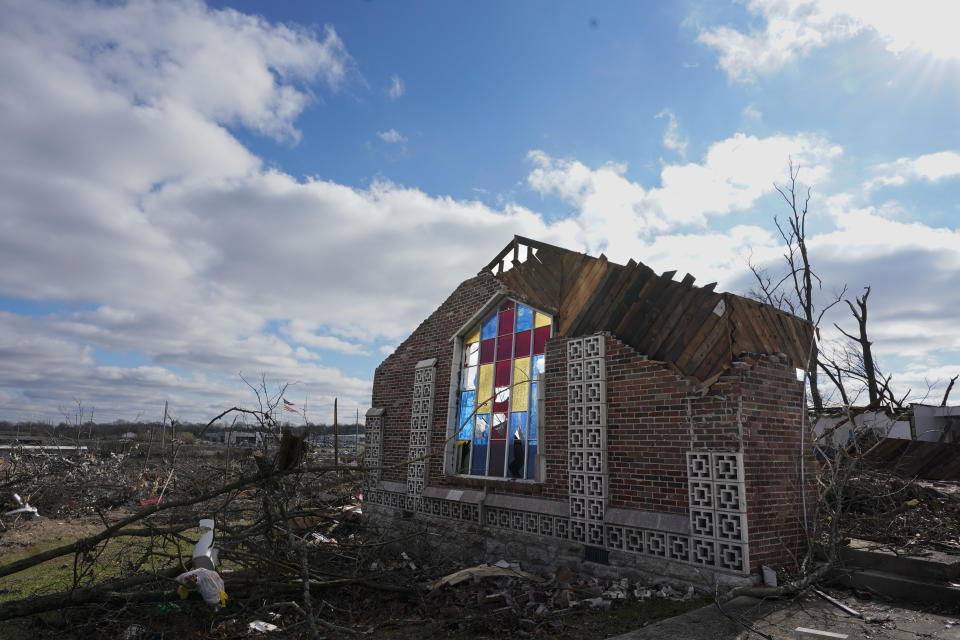 Damage is seen at the Sabbath Day Church of God in Christ, Sunday, Dec. 10, 2023, in Nashville, Tenn. Central Tennessee residents and emergency workers are continuing the cleanup from severe storms and tornadoes that hit the area. (AP Photo/George Walker IV)