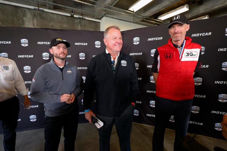 (From left to right) Chevy IndyCar program manager Rob Buckner, IndyCar president Jay Frye and Honda Performance Development senior engineer Matt Niles spoke with reporters in mid-October about the series' progress of developing its new hybrid engine.