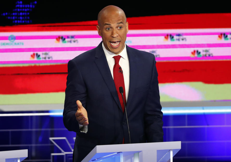 Democratic presidential candidate Sen. Cory Booker, D-N.J., speaks at a Democratic primary debate hosted by NBC News at the Adrienne Arsht Center for the Performing Art, Wednesday, June 26, 2019, in Miami. (AP Photo/Wilfredo Lee)